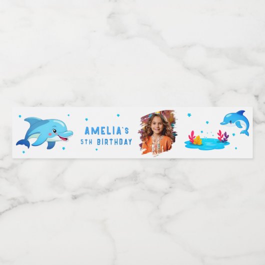 可愛いイルカの海の動物フォトバースデーパーティー ペットボトルラベル (シングルラベル)