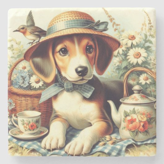 可愛いイングリッシュ絵を描フォックスハウンド ストーンコースター (正面)