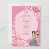可愛いインディアンブライダルカップルのピンクの蓮の花 招待状 (正面)