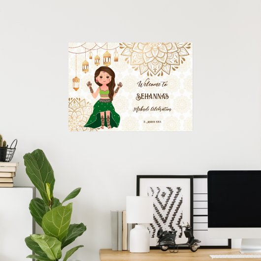 可愛いインディアンhenna花嫁とのMehndiウェルカムサイン ポスター (ホームオフィス)