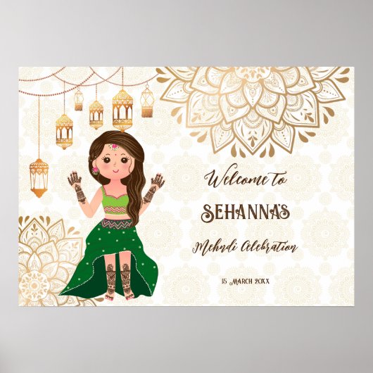 可愛いインディアンhenna花嫁とのMehndiウェルカムサイン ポスター (正面)