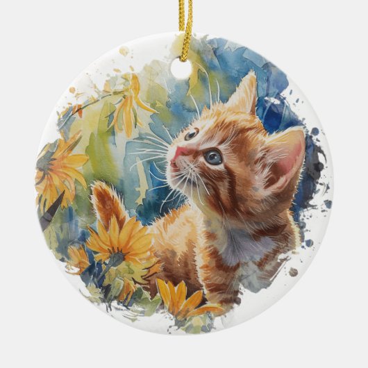 可愛いウオータカラーオレンジ虎猫の花付き子猫 セラミックオーナメント (正面)