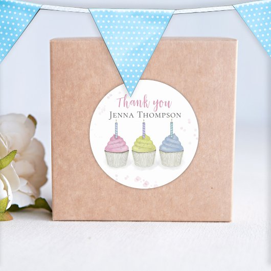 可愛いウオーターカラーカップケーキお洒落ありがとう ラウンドシール