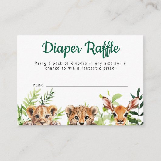 可愛いウオーターカラーサファリ動物おむつラッフル エンクロージャーカード (正面)