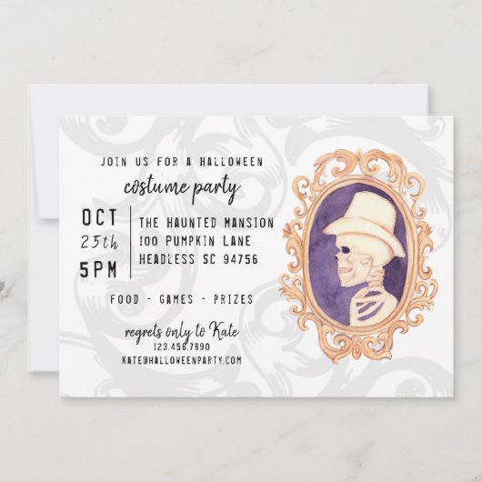 可愛いウオーターカラースケルトン枠付きポートレートハロウィーン 招待状 (正面)