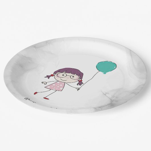 可愛いウオーターカラースティックガールティール（緑がかった色）バルーンエレガント ペーパープレート (アングル)