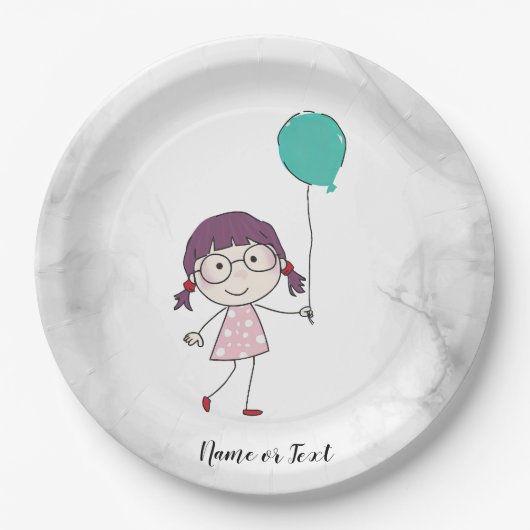 可愛いウオーターカラースティックガールティール(緑がかった色)バルーンエレガント ペーパープレート (正面)