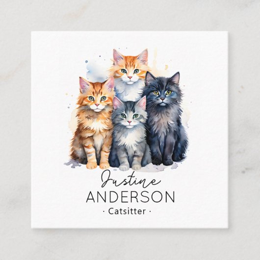 可愛いウオーターコイラストレーションの猫キャットシッター スクエア名刺 (正面)