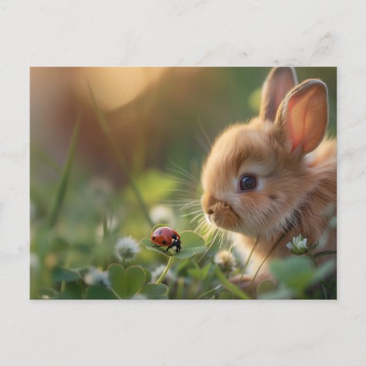 可愛いウサギと緑の野のラディバグ ポストカード (正面)