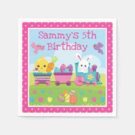 可愛いウサギひよこ&チョコレートエッグトレイン誕生日 スタンダードカクテルナプキン