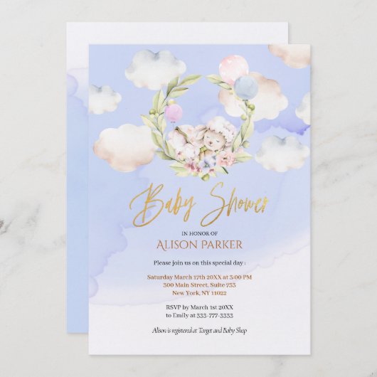 可愛いウッドランドうさぎフローラブルースカイ赤ちゃんシャワー 招待状 (正面/裏面)