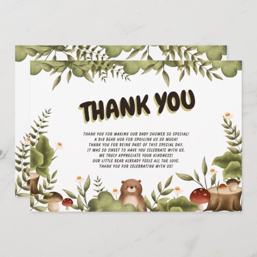 可愛いウッドランドお洒落ベアありがとう赤ちゃんシャワー サンキューカード (正面/裏面)