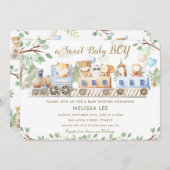 可愛いウッドランドの動物が緑の赤ちゃんシャワーをトレーニング 招待状 (正面/裏面)