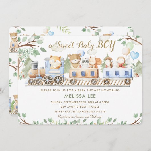 可愛いウッドランドの動物が緑の赤ちゃんシャワーをトレーニング 招待状 (正面/裏面)