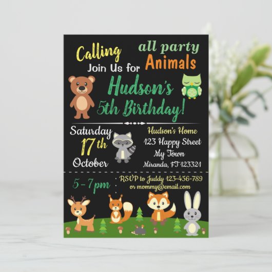 可愛いウッドランドの動物の誕生日の招待 招待状 (スタンド正面)