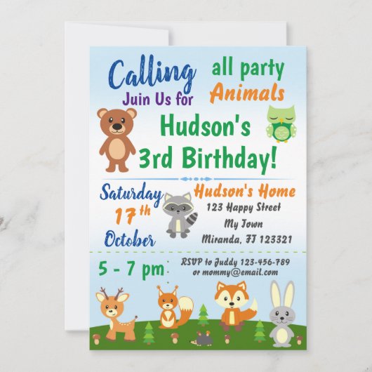 可愛いウッドランドの動物の誕生日の招待 招待状 (正面)