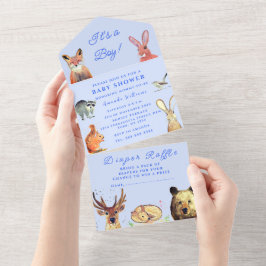 可愛いウッドランドの動物少年のシャワー オールインワン招待状