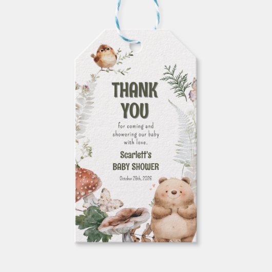 可愛いウッドランドの友達ベイビーシャワーのお願い ギフトタグ (正面)