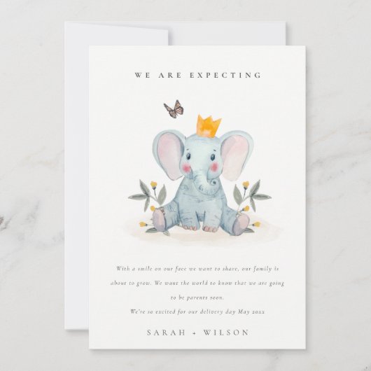 可愛いウッドランドエレファントリーフベビー発表 サンキューカード (正面)
