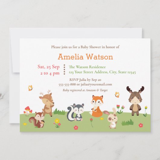 可愛いウッドランドカラフル森林動物の赤ちゃんシャワー 招待状 (正面)