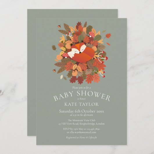 可愛いウッドランドキツネかわいい赤ちゃんシャワー/散水 招待状 (正面/裏面)