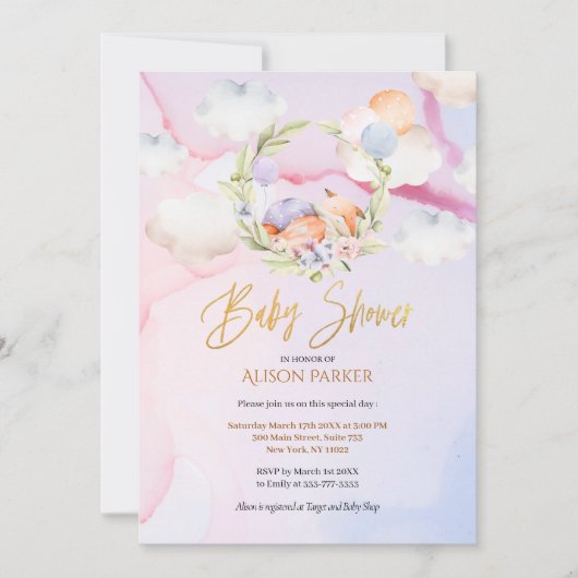 可愛いウッドランドキツネフローラピンクスカイベビーシャワー 招待状 (正面)