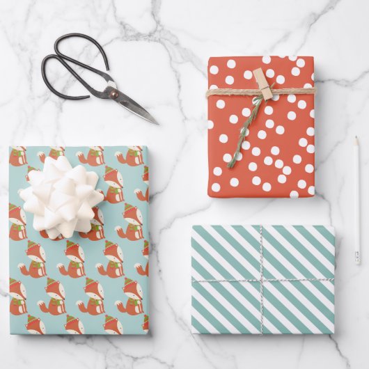 可愛いウッドランドキツネ柄 – アクアグリーンクリスマス ラッピングペーパーシート (正面)