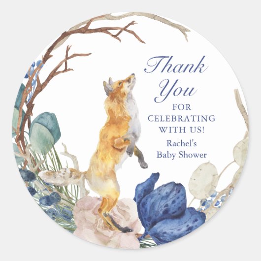 可愛いウッドランドキツネ水彩フローラベビーシャワー ラウンドシール (正面)