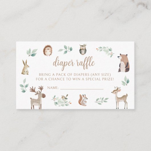 可愛いウッドランドテーマ男の赤ちゃんシャワーおむつラッフル エンクロージャーカード (正面)