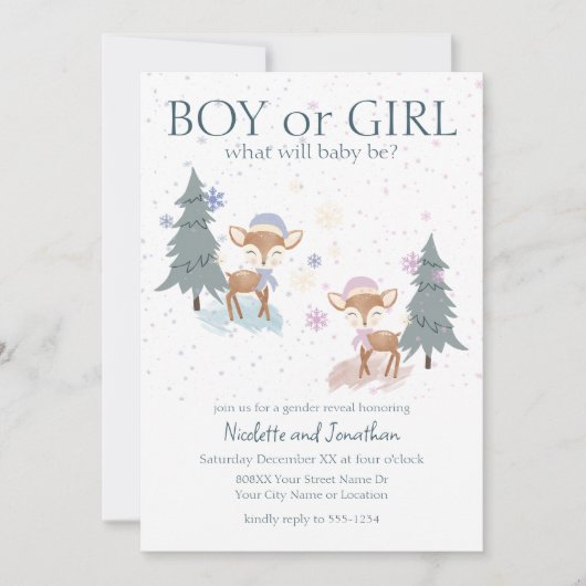 可愛いウッドランドディアウィンターベビージェンダー公開 招待状 (正面)