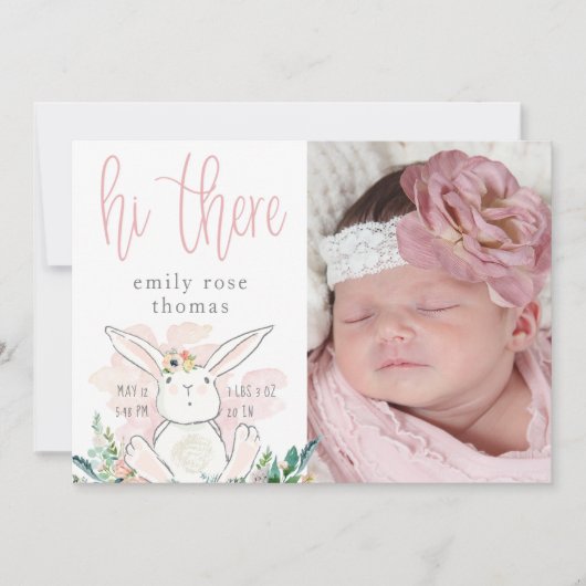 可愛いウッドランドバニースクリプトこんにちはピンクのベビーガール 案内状 (正面)