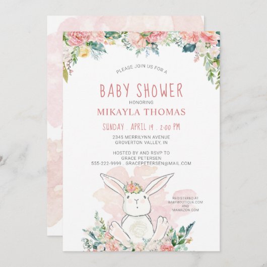 可愛いウッドランドバニーピンクフローラ赤ちゃんシャワー (正面/裏面)