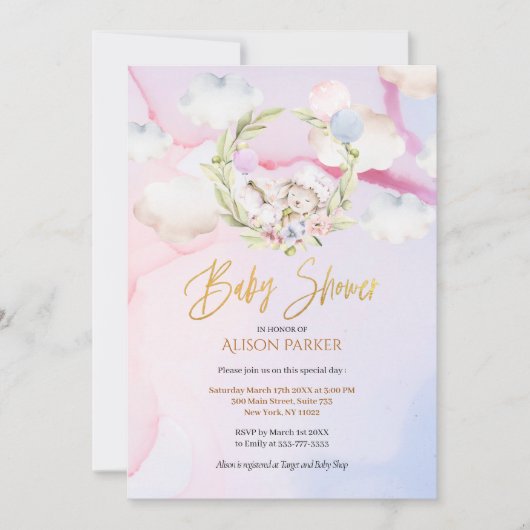 可愛いウッドランドフォレストラビットピンクの空 |赤ちゃんシャワー 招待状 (正面)