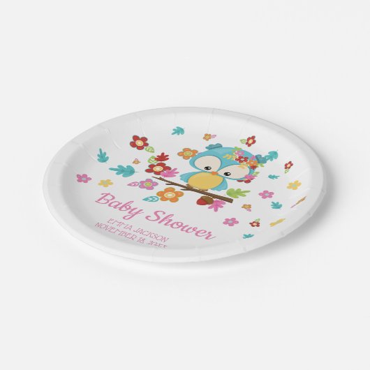 可愛いウッドランドフクロウ&フラワーベビーガール赤ちゃんシャワー ペーパープレート (アングル)