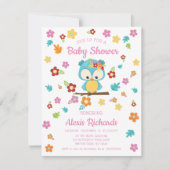 可愛いウッドランドフクロウ&フラワーベビーガール赤ちゃんシャワー 招待状 (正面)