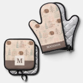 可愛いウッドランドヘッジホッグパターン 鍋つかみ&鍋敷きセット (正面/裏面)