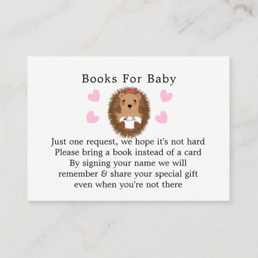 可愛いウッドランドヘッジホッグ赤ちゃんシャワーブックリクエスト エンクロージャーカード (正面)