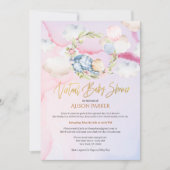 可愛いウッドランドベアフローラピンクスカイバーチャルシャワー 招待状 (正面)