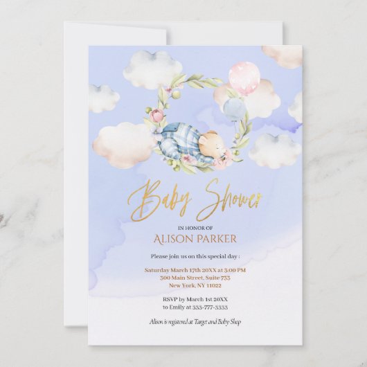 可愛いウッドランドベアフローラブルースカイ赤ちゃんシャワー 招待状 (正面)