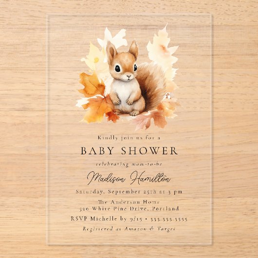 可愛いウッドランドリス秋ベイビーシャワー アクリル招待状 (正面)