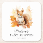 可愛いウッドランドリス秋ベイビーシャワー スクエアペーパーコースター (正面)