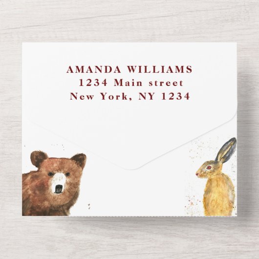 可愛いウッドランド動物ああ男の子の赤ちゃんシャワー オールインワン招待状 (裏面)