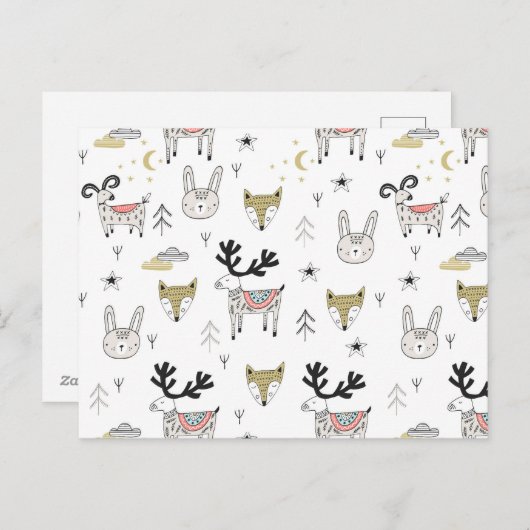 可愛いウッドランド動物のドードル模様 シーズンポストカード (正面/裏面)