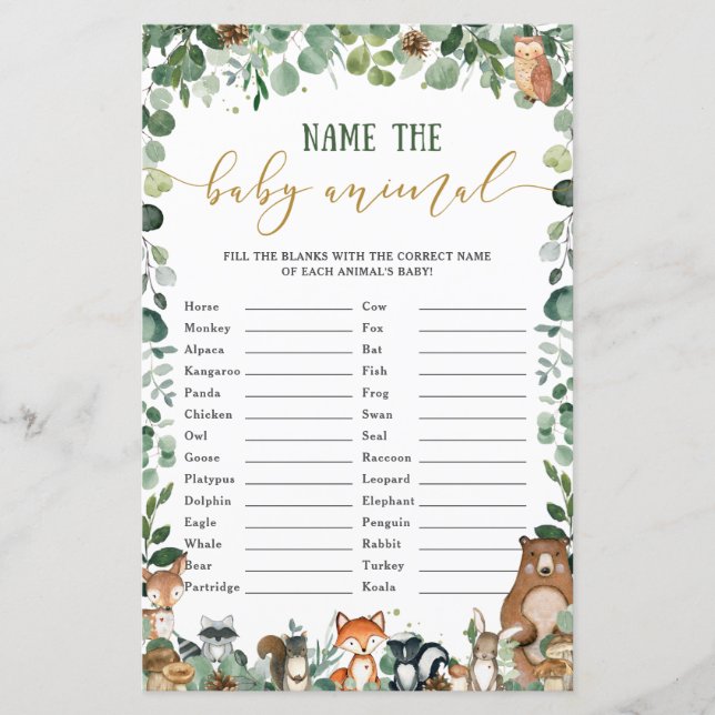 可愛いウッドランド動物の名前ベビー動物マッチゲーム (正面)
