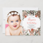 可愛いウッドランド動物の女の子1st誕生日の写真 招待状 (正面)