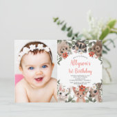 可愛いウッドランド動物の女の子1st誕生日の写真 招待状 (スタンド正面)