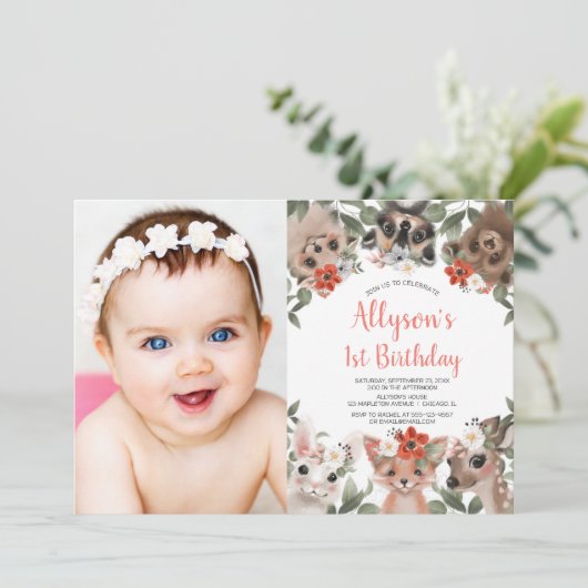 可愛いウッドランド動物の女の子1st誕生日の写真 招待状 (スタンド正面)