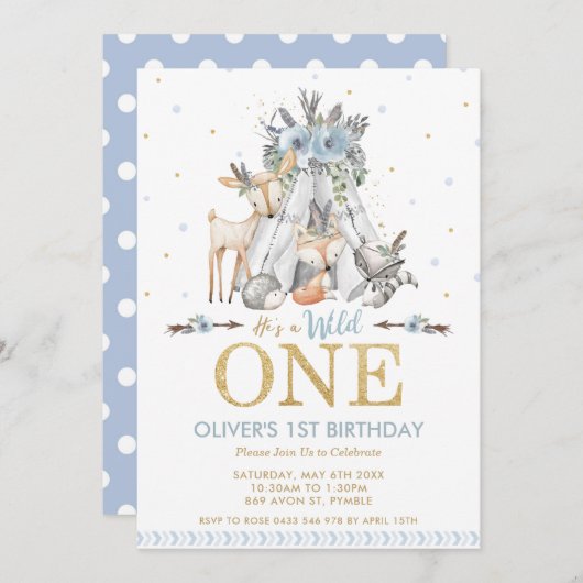 可愛いウッドランド動物の少年ワイルド1歳の誕生日 招待状 (正面/裏面)