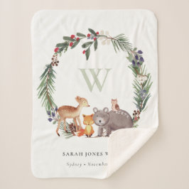 可愛いウッドランド動物の葉の多いリースモノグラムキッズ シェルパブランケット