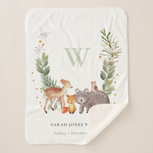 可愛いウッドランド動物の葉の多いリースモノグラムキッズ シェルパブランケット (正面)
